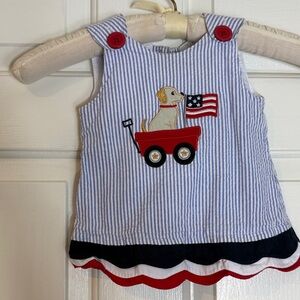 Striped Seersucker Baby Dress with Dog and Flag Embroidery 12m